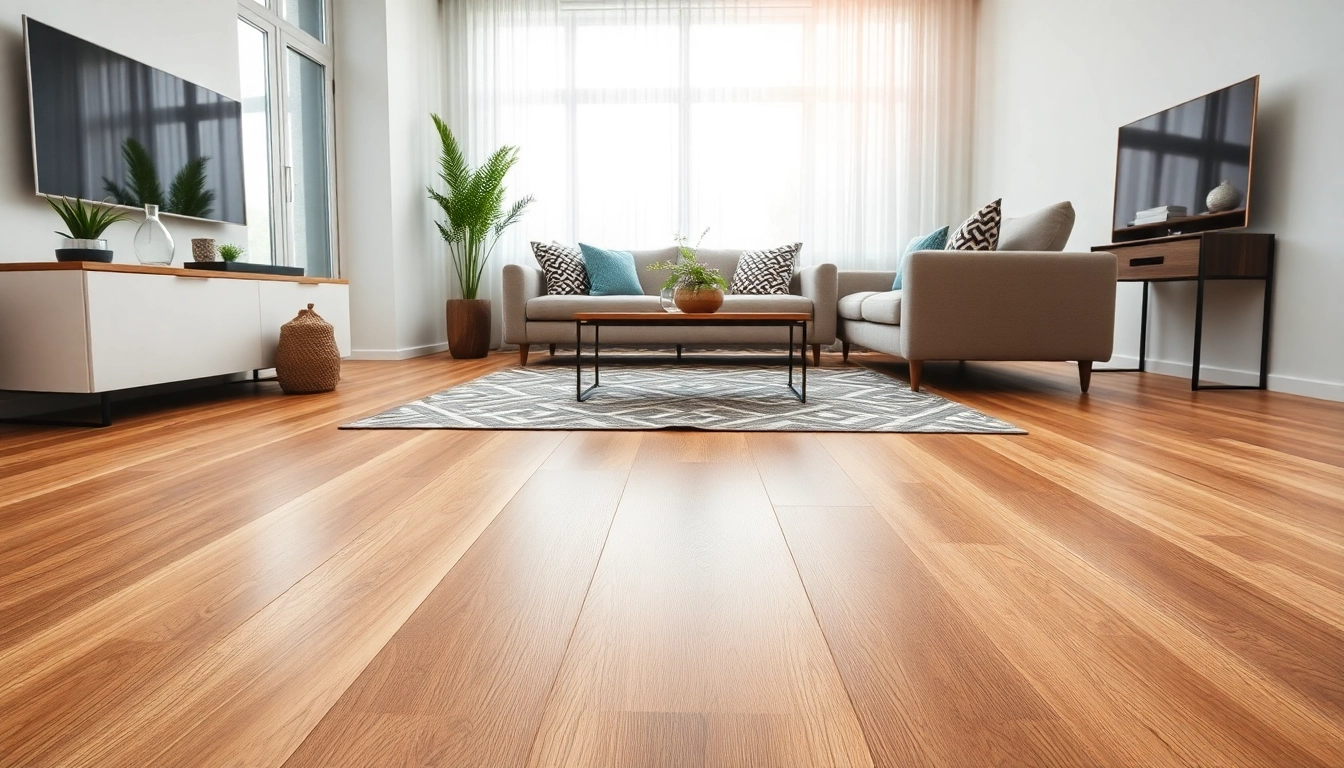 Install flexible vinyl plank flooring in a contemporary living room setting with natural lighting.