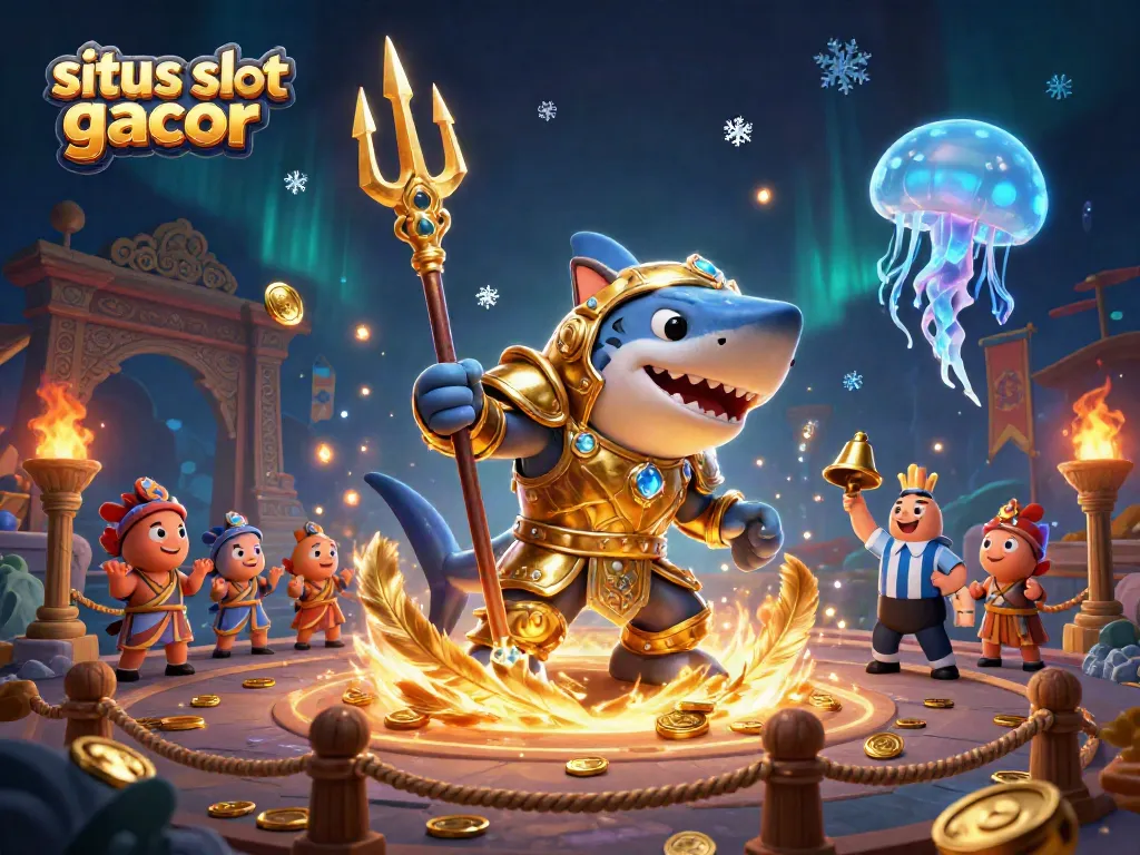 Engage with situs slot gacor in a lively illustrated scene featuring a tiger shark in gladiator armor in a casino-themed colosseum.