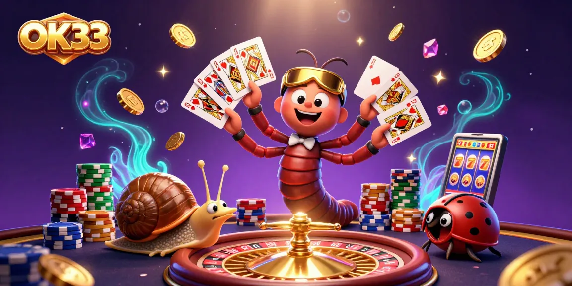 Engage with OK33's vibrant casino scene full of action with a millipede dealer, a high-roller snail, and excitement!
