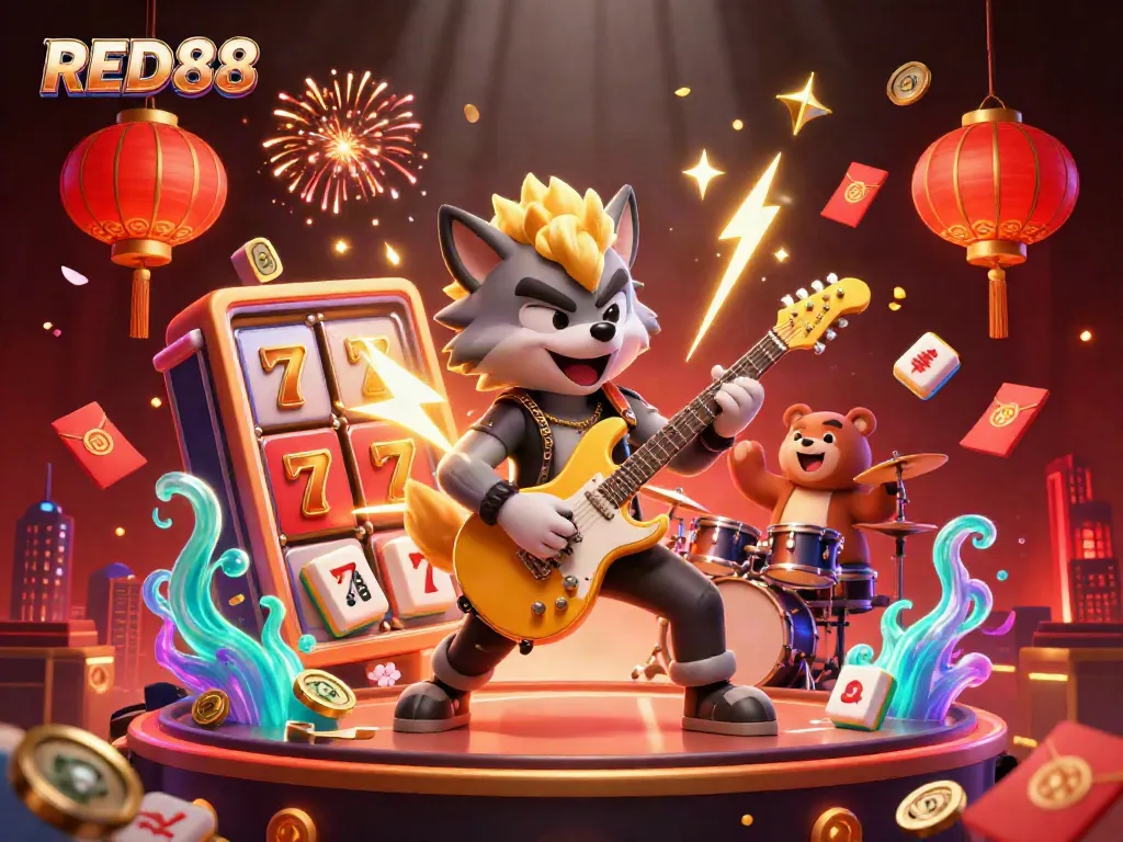 Experience thrilling gaming at RED88 casino with a rock star wolf and dynamic casino elements.