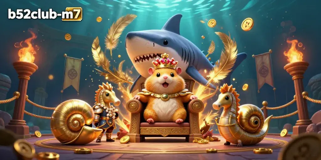 Experience thrilling gameplay at b52club-m7 with a vibrant casino scene featuring gold coins, majestic characters, and dynamic effects.