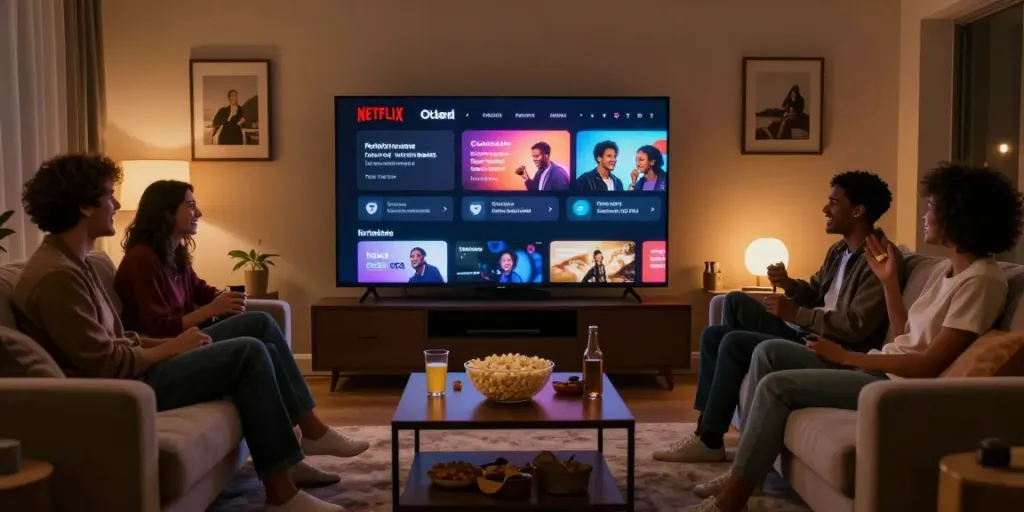Streaming Netflix Gratis in a cozy living room with friends enjoying movies.
