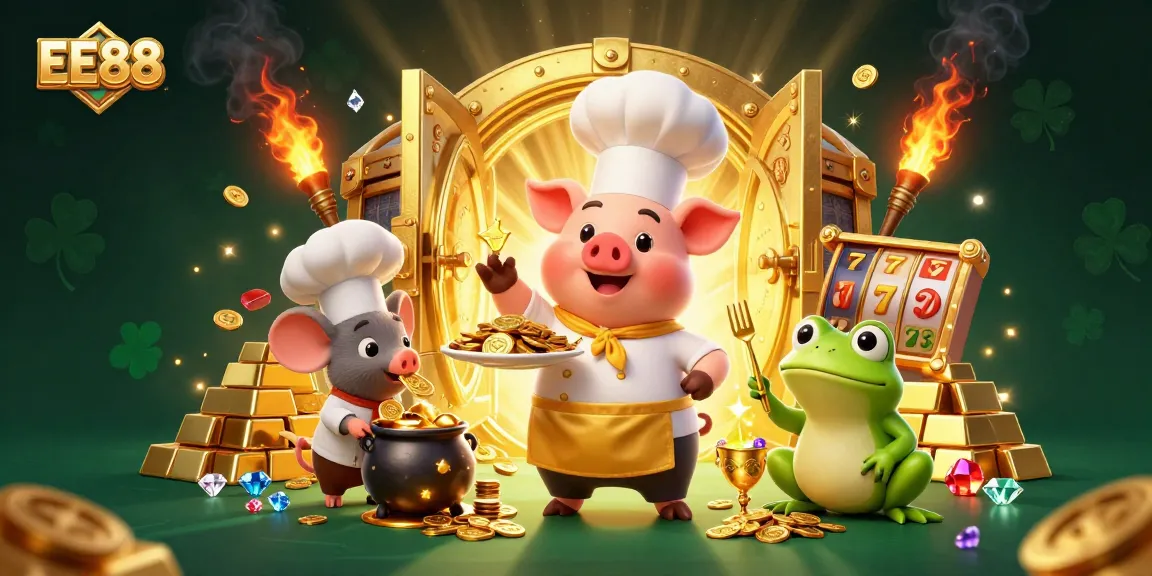 EE88 chef serves golden coins amidst a vibrant casino themed scene