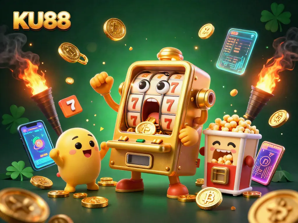KU88 slot machine hitting a jackpot, animated with coins pouring out and cheering smaller machines.