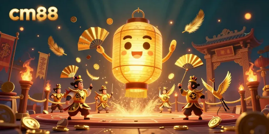 Engage with cm88's dynamic casino atmosphere featuring a golden lantern spirit and paper fan warriors.