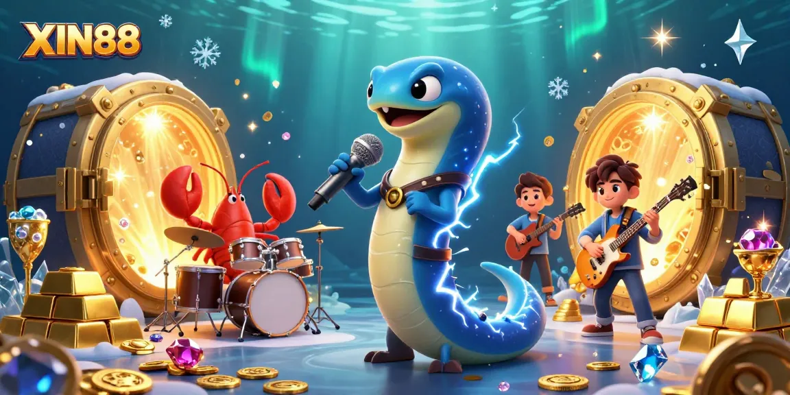 XIN88 offers an electric eel DJ performing live in an underwater casino, surrounded by treasure and gems.