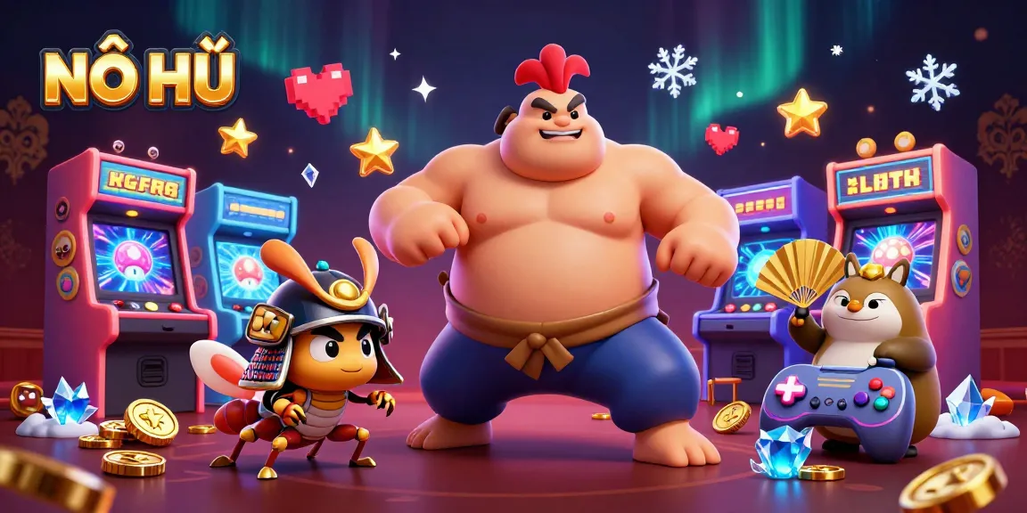 NỔ HŨ slots game showcase with colorful arcade machines, vibrant characters celebrating jackpots.