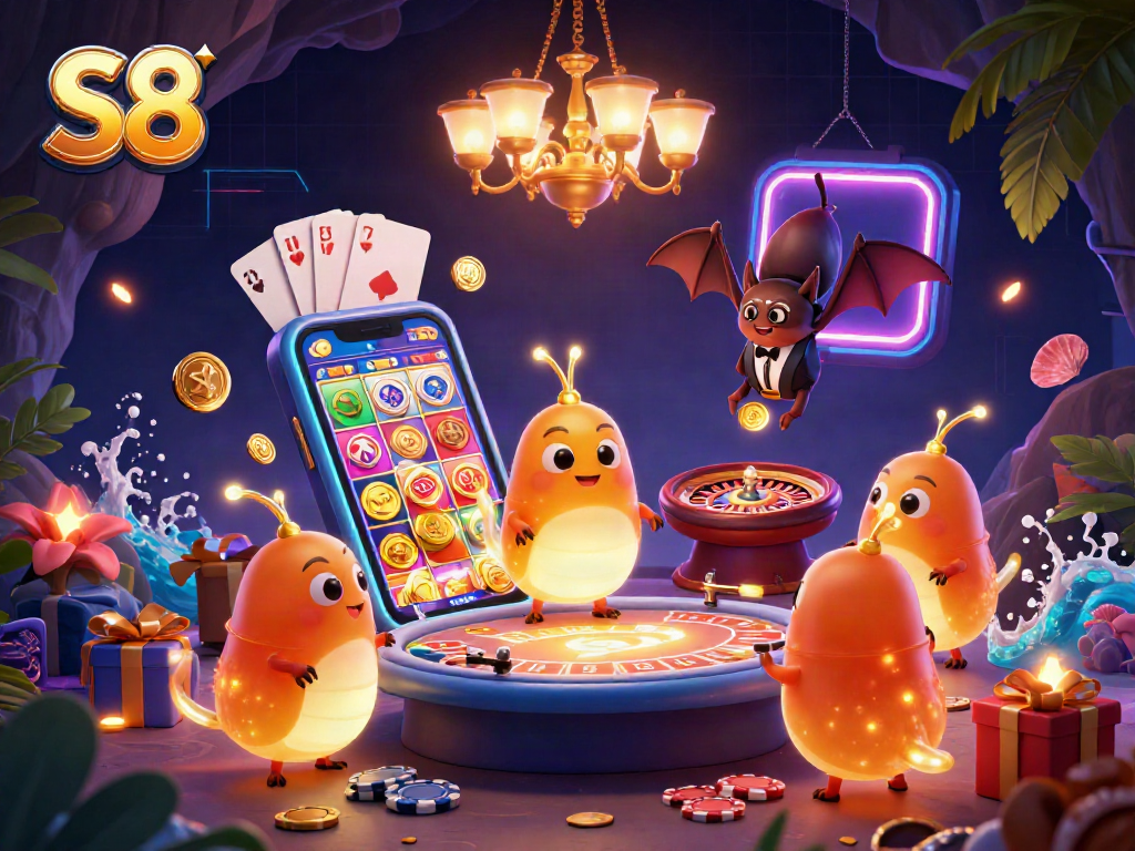 S8 illuminates a vibrant cave casino scene with glowworms and a bat dealer surrounded by gaming elements.