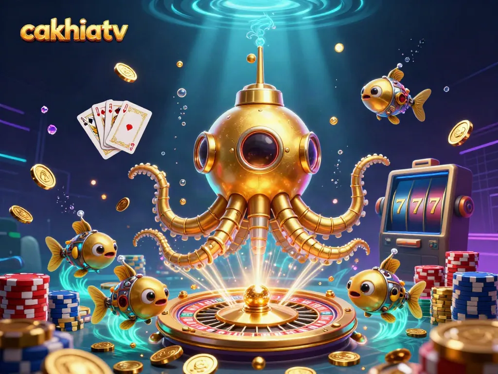 Experience thrilling gameplay at cakhiatv with a captivating golden kraken submarine amidst dazzling coins and casino elements.