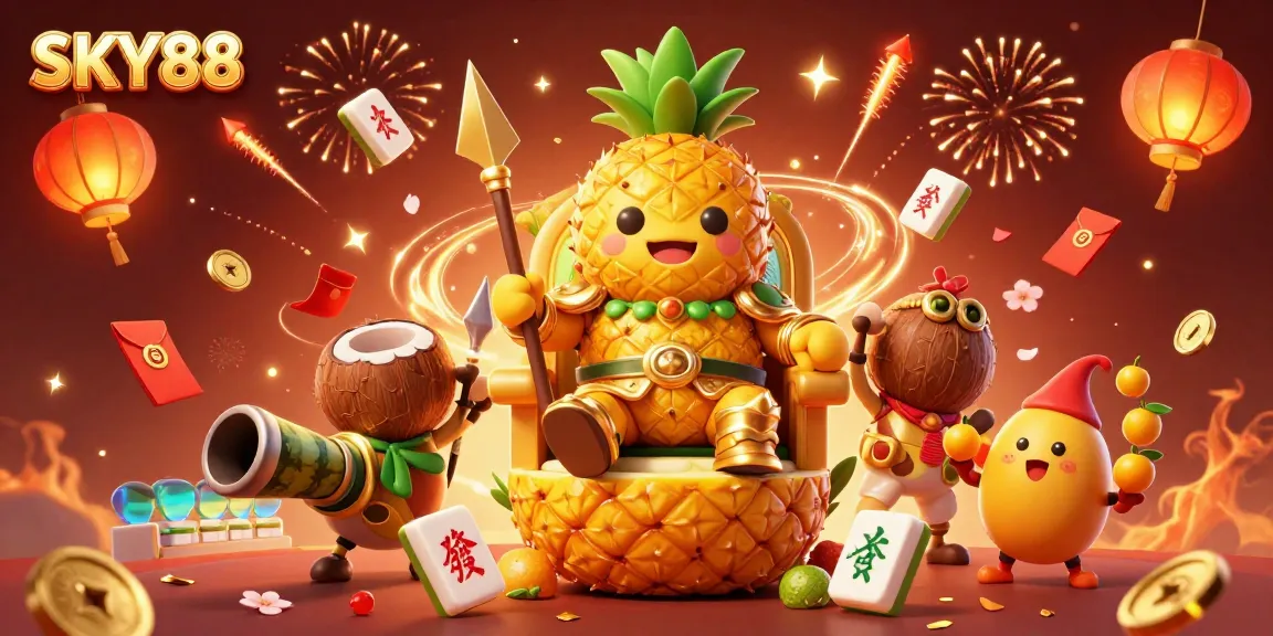Engage with SKY88's vibrant casino atmosphere, featuring a golden pineapple king amidst dynamic gaming elements.