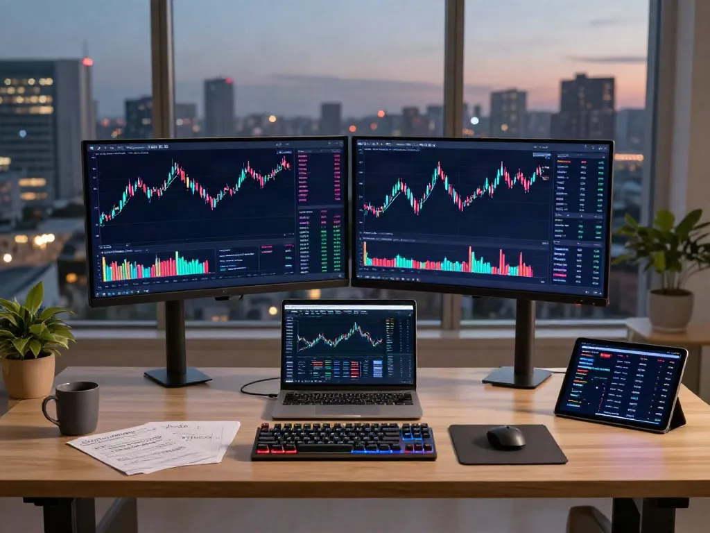 CryptoDenis YouTube insights displayed in a professional trading workspace environment featuring dual monitors, digital wallet, and blockchain analytics.