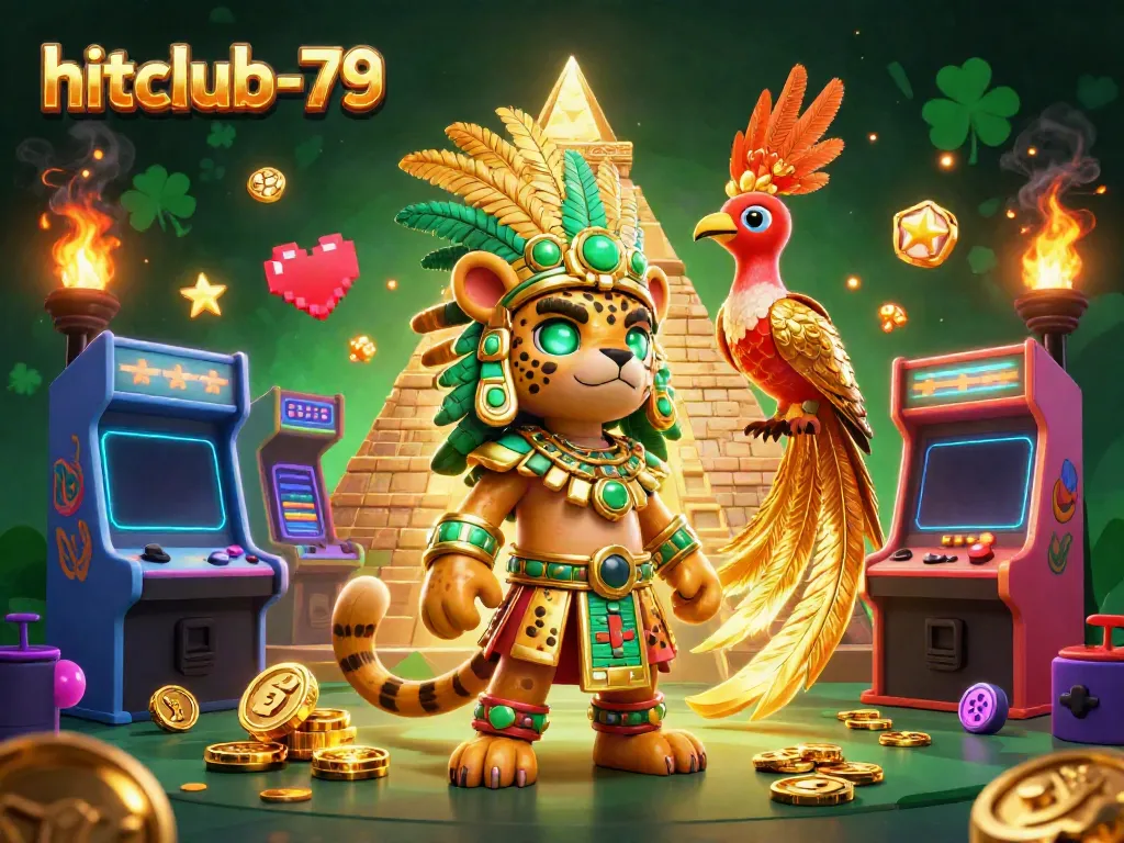 Hitclub-79 showcases vibrant arcade and gaming elements with a Mayan priest and bird icons.