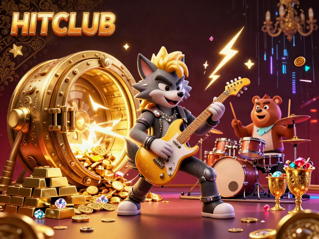 Engage with the HITCLUB world, as a rock star wolf plays electrifying tunes in a vibrant casino setting.