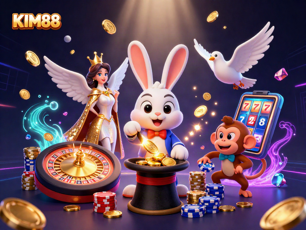 KIM88 showcases a magician rabbit, dove, and monkey in an exciting casino scene with golden coins and poker chips.