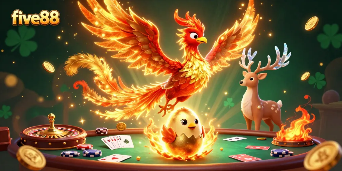 Experience thrilling poker action at five88 with a vibrant scene of a phoenix and casino elements.