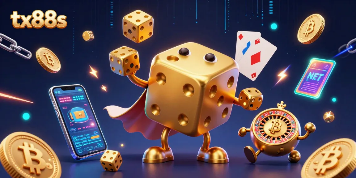 Engage with tx88s casino gaming featuring a golden dice golem and cryptocurrency elements.