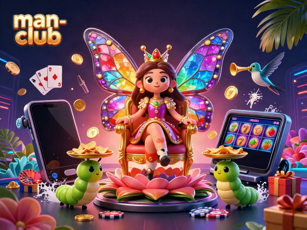Engage with man-club's vibrant casino scene featuring a butterfly queen and gaming elements