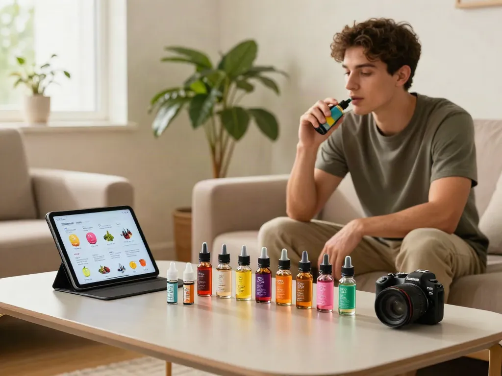 What is a shortfill e-liquid tutorial with vibrant e-liquids displayed on a stylish coffee table in a cozy living room.