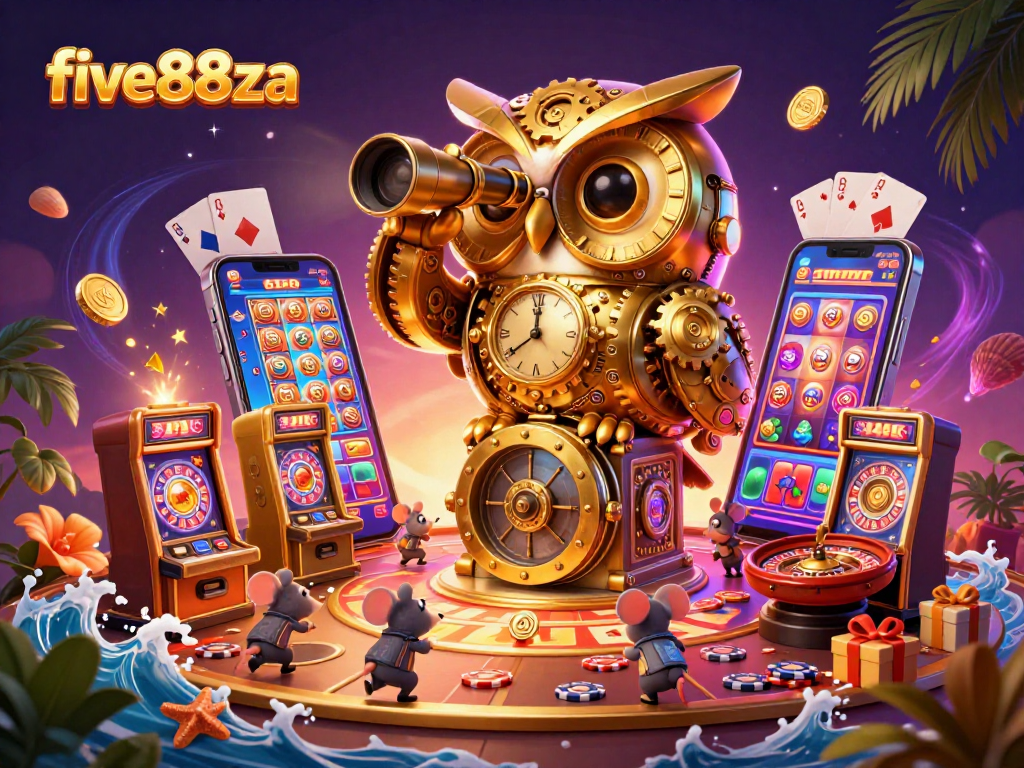 Experience excitement at five88za's casino with a clockwork owl and vibrant slot games.
