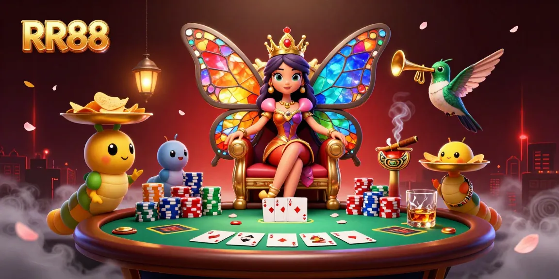 Engage in thrilling gameplay at RR88, the cartoon butterfly queen presiding over a vibrant casino scene.