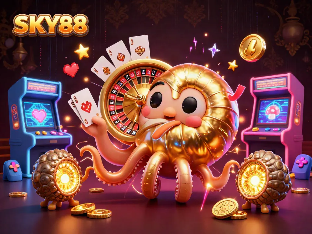 Engaging players at SKY88 with vibrant 3D cartoon gambling elements featuring a nautilus roulette wheel and glowing companions.