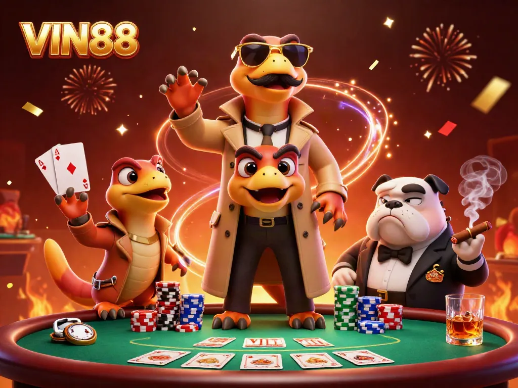 Watch VIN88 raptors disguised as a tall figure enter a casino, amidst poker games and vibrant party elements.