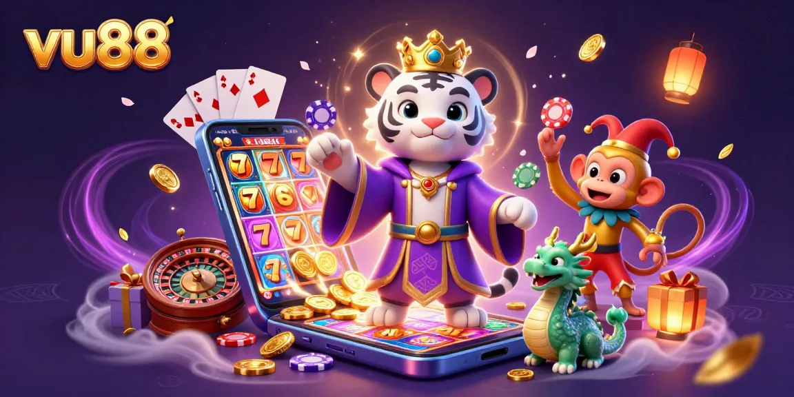 Playful scene featuring vu88's casino characters with golden monkey, white tiger and jade dragon amidst vibrant slot game graphics.