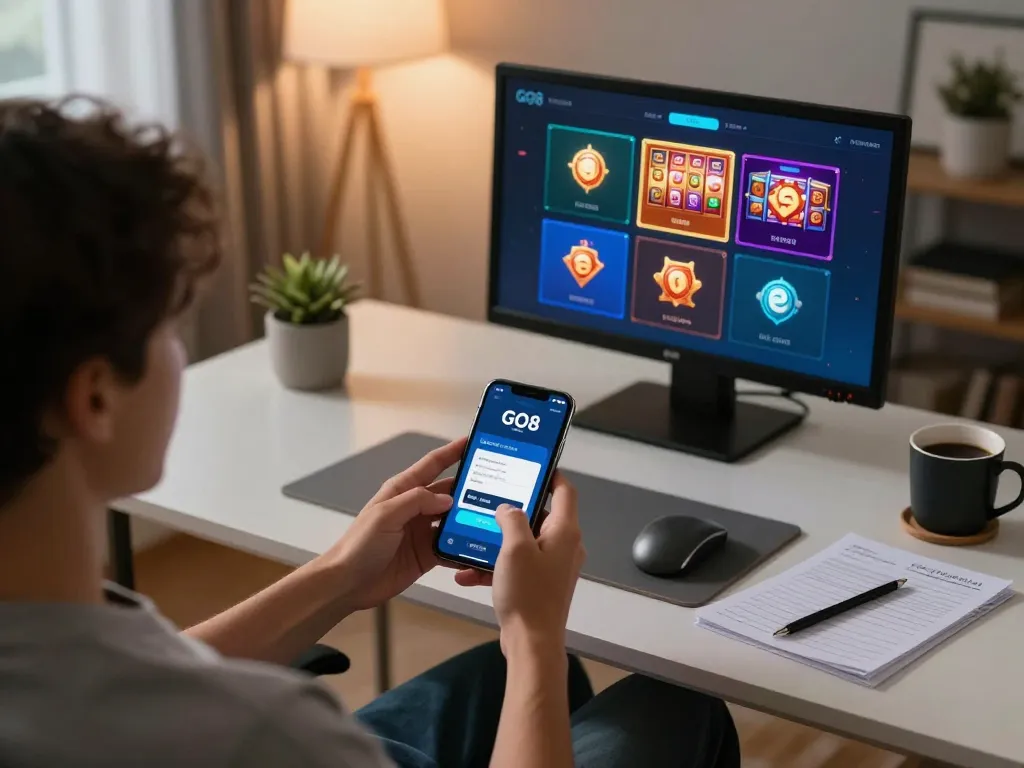 Engaging with GO8 mobile app, enjoying online gaming in a cozy home setting.