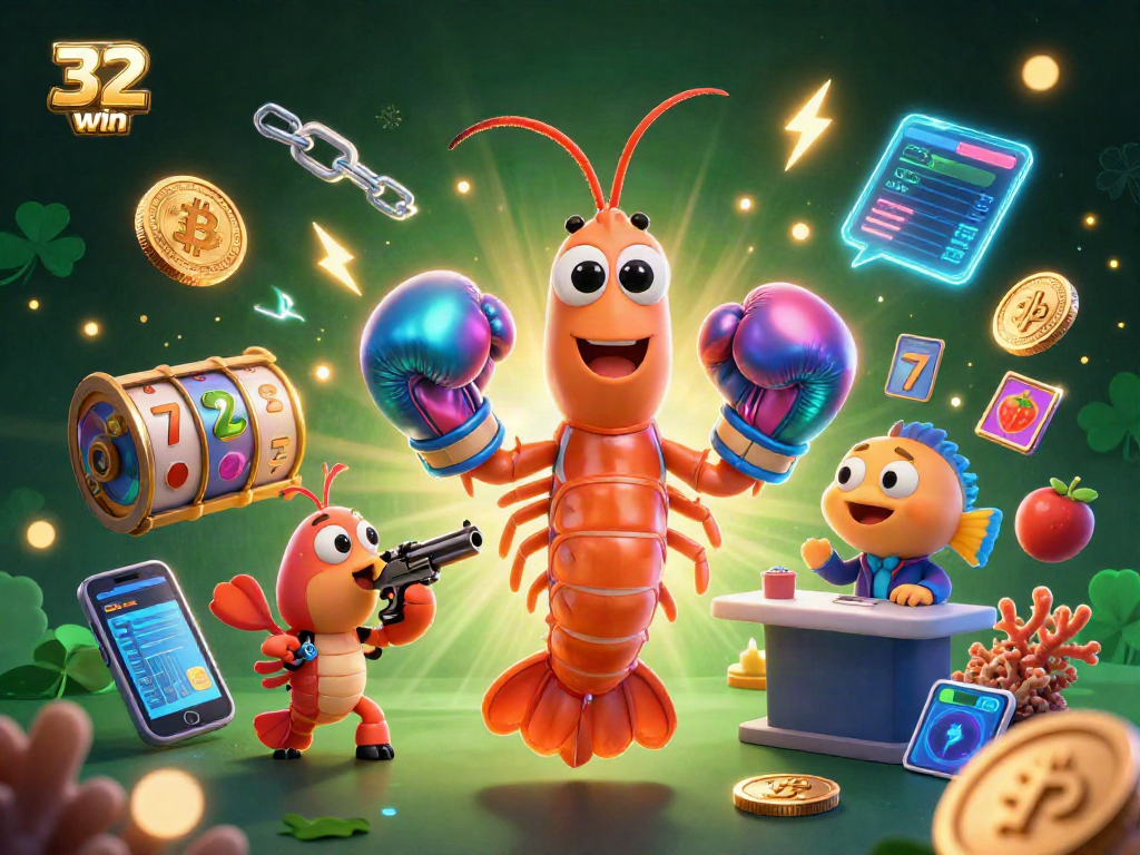 Engage with 32win's vibrant casino scene featuring cartoon mantis shrimp and crypto elements for thrilling jackpots.