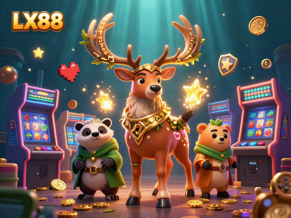 LX88 slot reels come alive with a druid stag and wise badger amidst colorful gaming elements.
