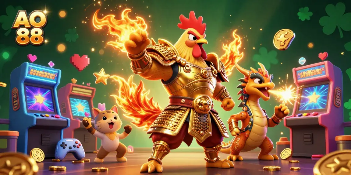 AO 88 showcases a powerful rooster warrior and dragon hatchling in a vibrant casino-themed scene