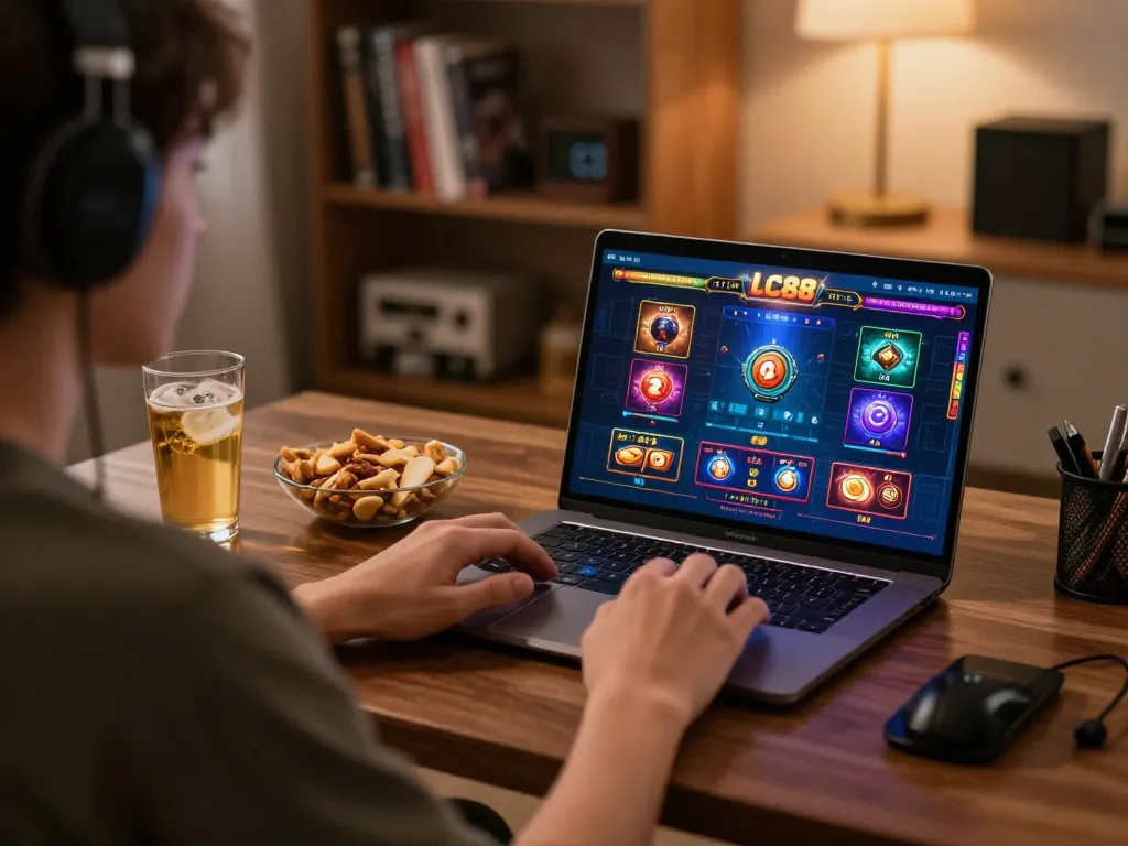 Player engaging in LC88 online casino gameplay on laptop, showcasing a responsible gaming environment.