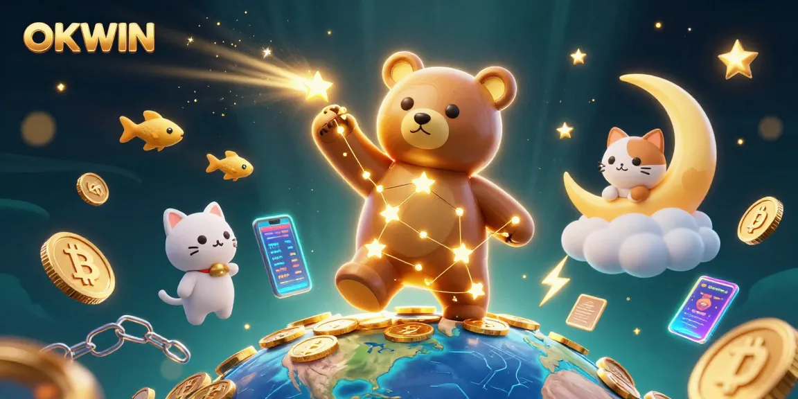 Engage with OKWIN's exciting gaming experience as a cosmic bear scoops coins amid dazzling crypto elements.