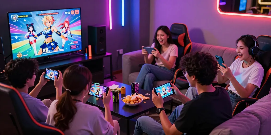 Group of friends enjoying free mobile hentai games in a vibrant gaming lounge atmosphere.