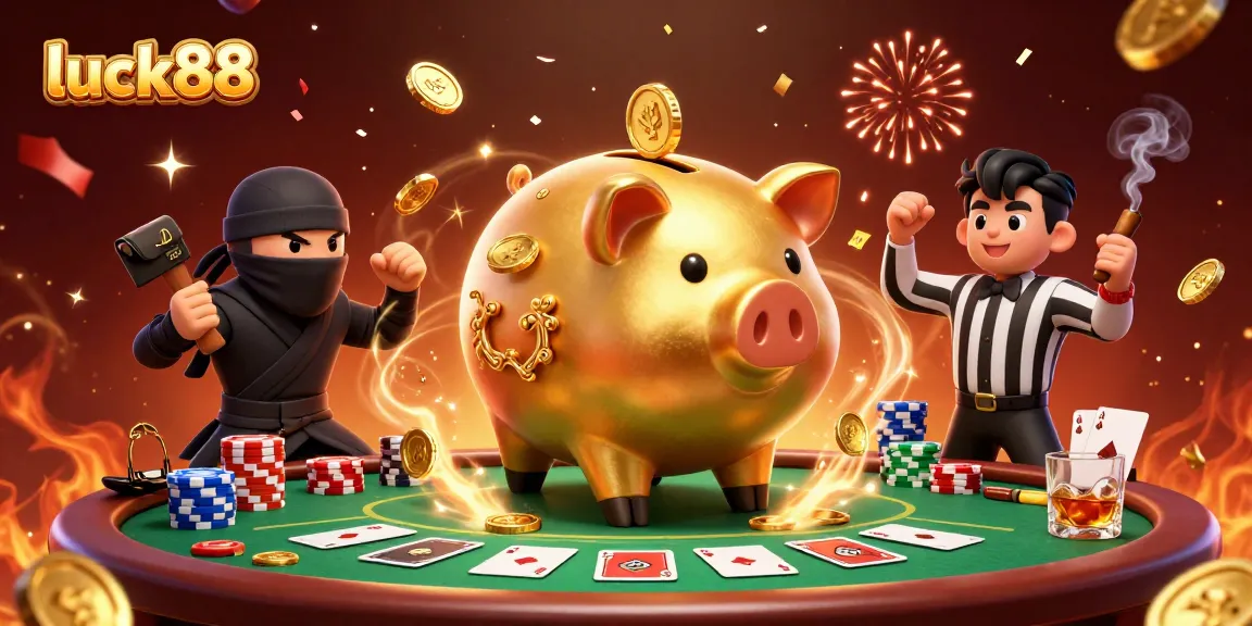 Experience the thrill of luck88 with animated casino characters surrounded by poker elements and excitement.