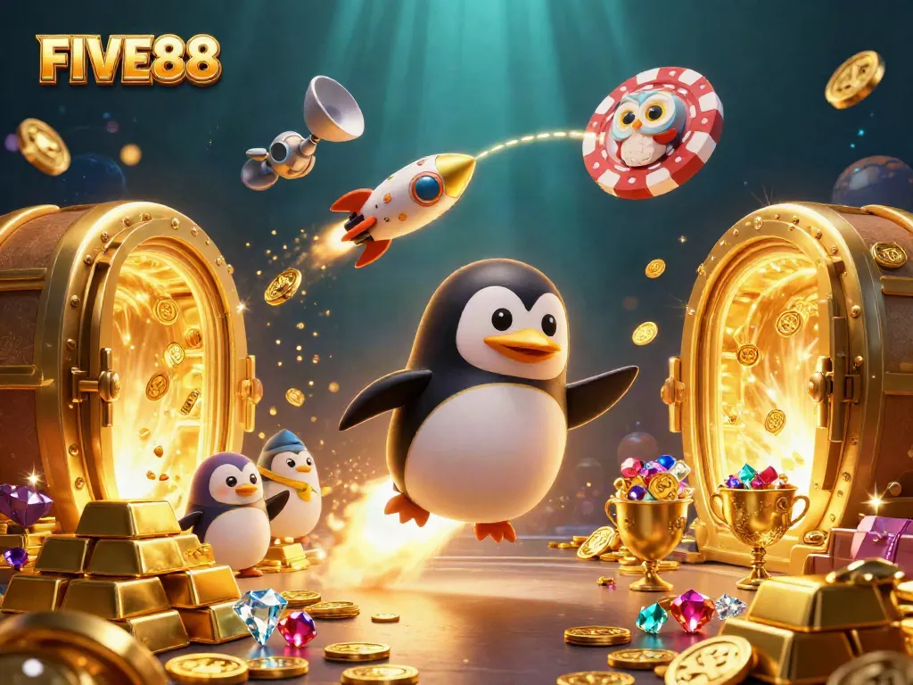 Experience the captivating adventures of FIVE88 with a rocket-powered penguin amidst a vibrant casino theme.