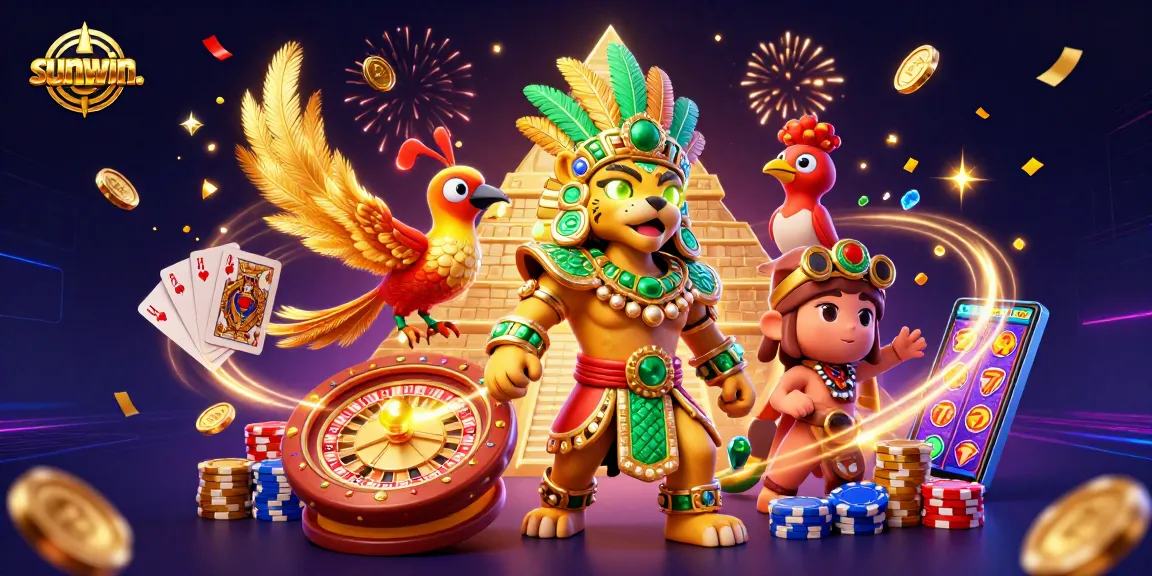 Win big with sunwin. in a vibrant casino scene filled with gold coins, cards, and festive fireworks.