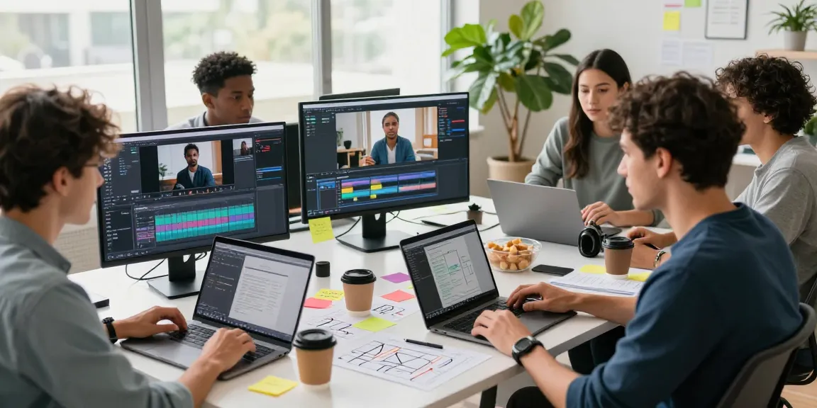 Team collaboration using a video to prompt converter tool in a modern workspace.