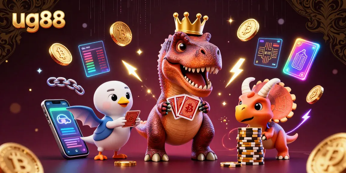 Engage with the thrilling casino world of ug88, featuring T-Rex shuffling cards amidst vibrant gambling elements.