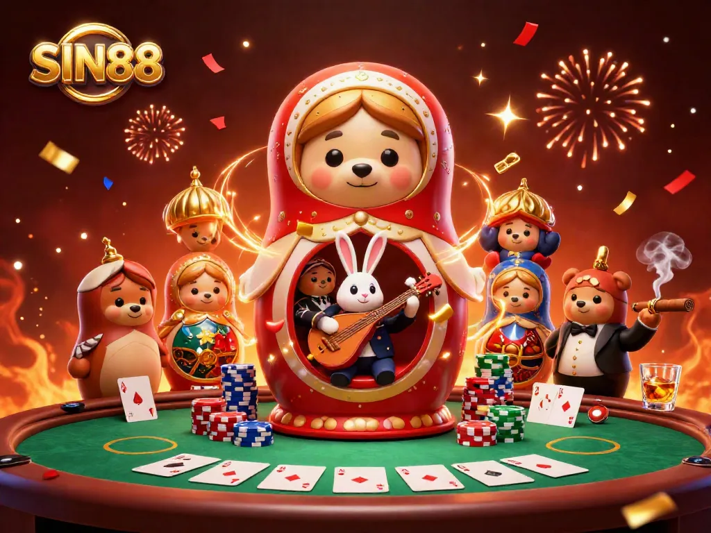 Experience the excitement of SIN88 with a vibrant casino-themed illustration featuring engaging characters and dynamic gambling elements.