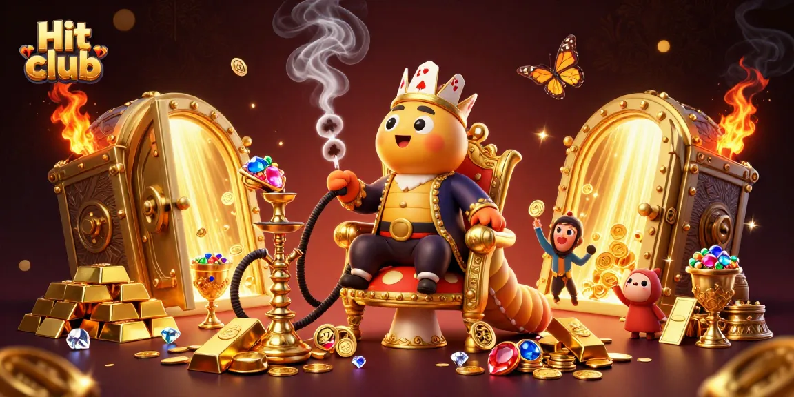 Engage with the Hit club in this vibrant 3D casino scene, showcasing poker symbols and opulent treasures.