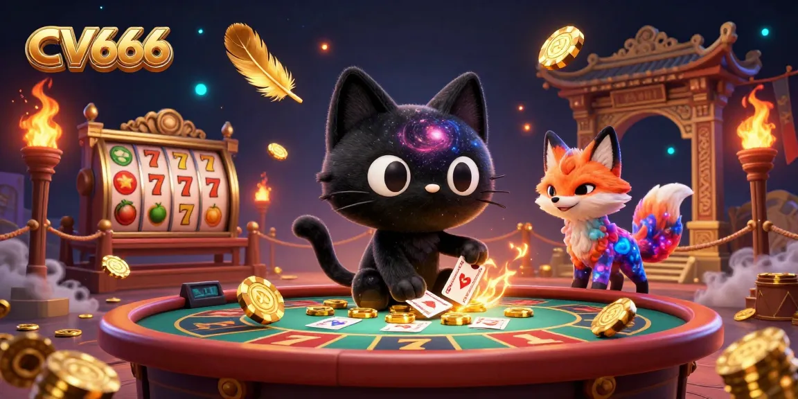 CV666 captivates players with a vibrant cosmic casino illustration featuring a black hole cat and fox companion.