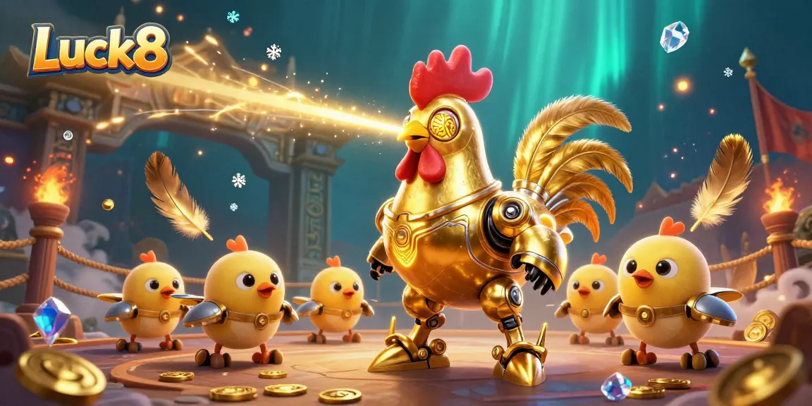 Engage with thrilling gameplay at Luck8 casino, featuring a dynamic golden rooster robot and baby chicks.