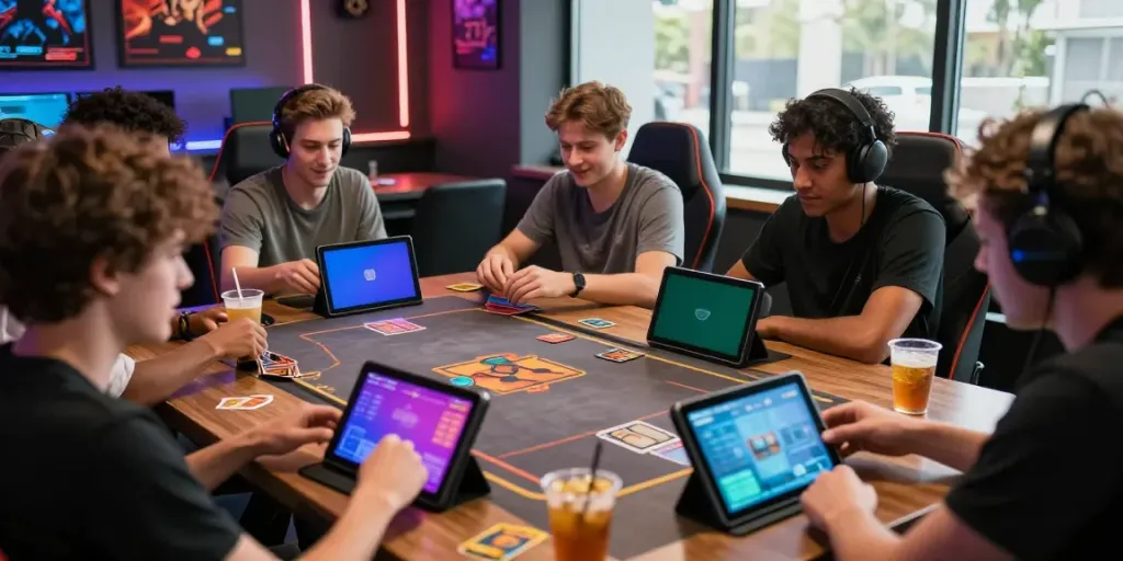 Engaging GO88 card game session with diverse players and modern devices in a vibrant gaming lounge.
