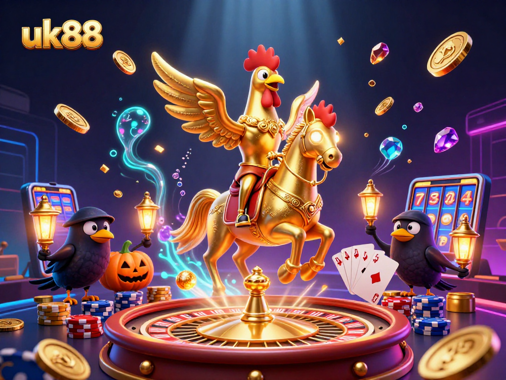 Spin to win at uk88 with a vibrant casino scene showcasing a golden rooster and spectacular game elements.