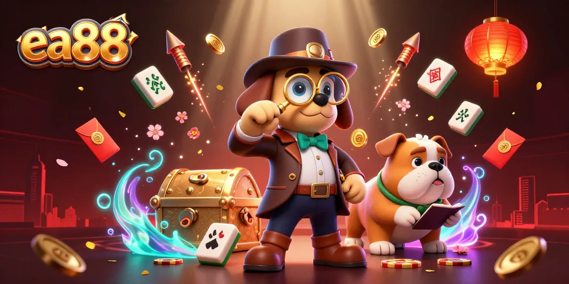 Play exciting games at ea88 with a detective uncovering treasure clues in a lively casino scene.