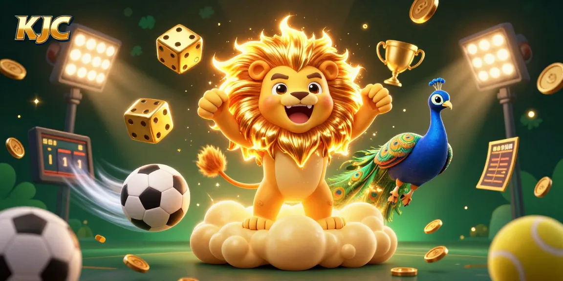 KJC illustrates a vibrant 3D casino scene with lively golden elements, dynamic sports balls, and sparkling effects.