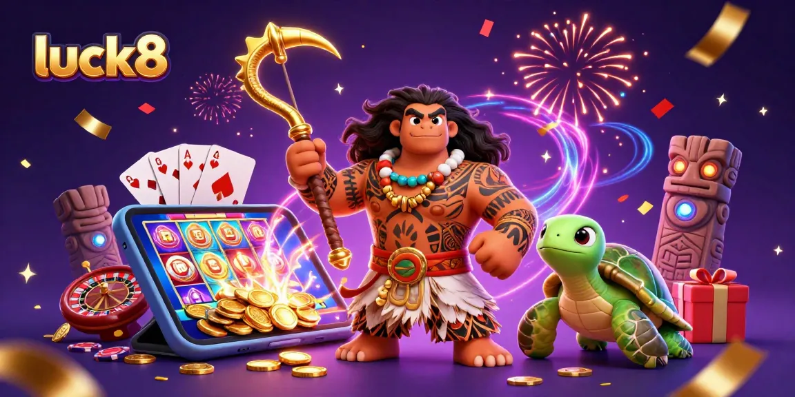 Join the fun at luck8 with a Polynesian demigod and turtle in a vibrant casino-themed illustration.