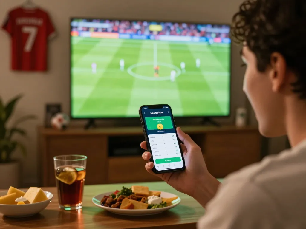 xem trực tiếp bóng đá on smartphone while enjoying live match experience with drinks and snacks