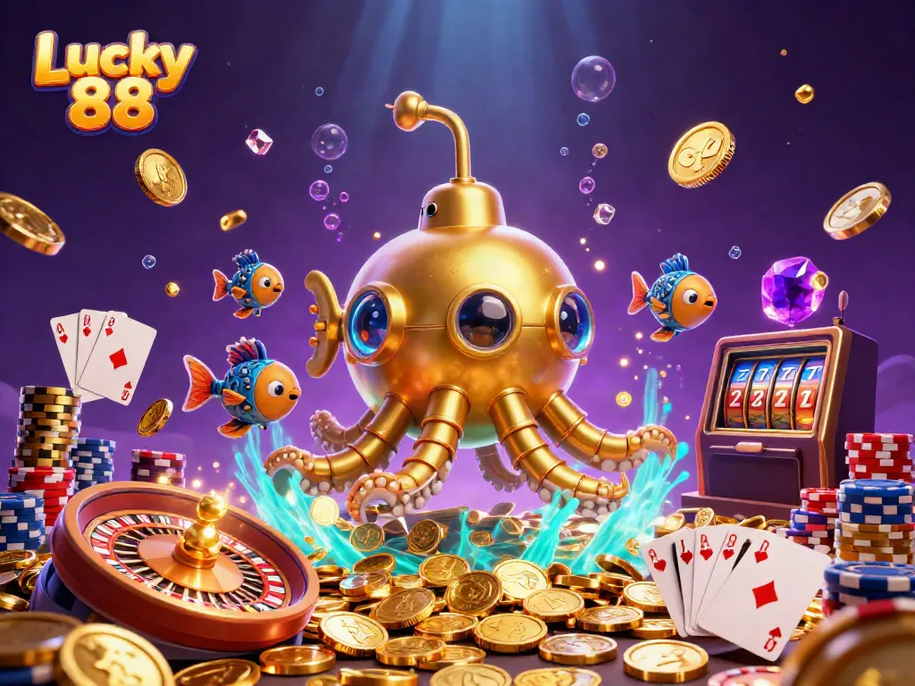 Engage with life and wins at Lucky 88 Casino with a colorful kraken and treasures.